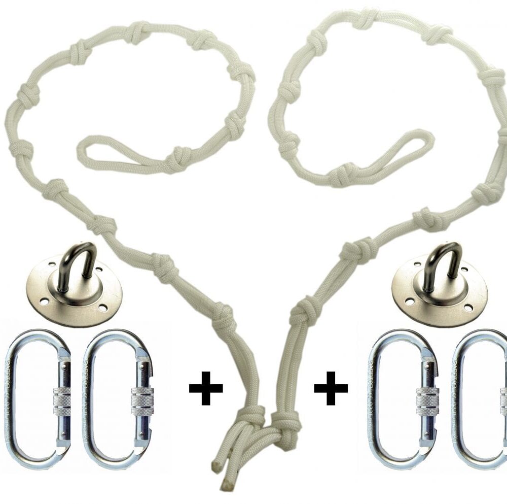 white hight regulators or daisy chain with 4 climbing carabiners and ceiling hooks for yoga hammocks