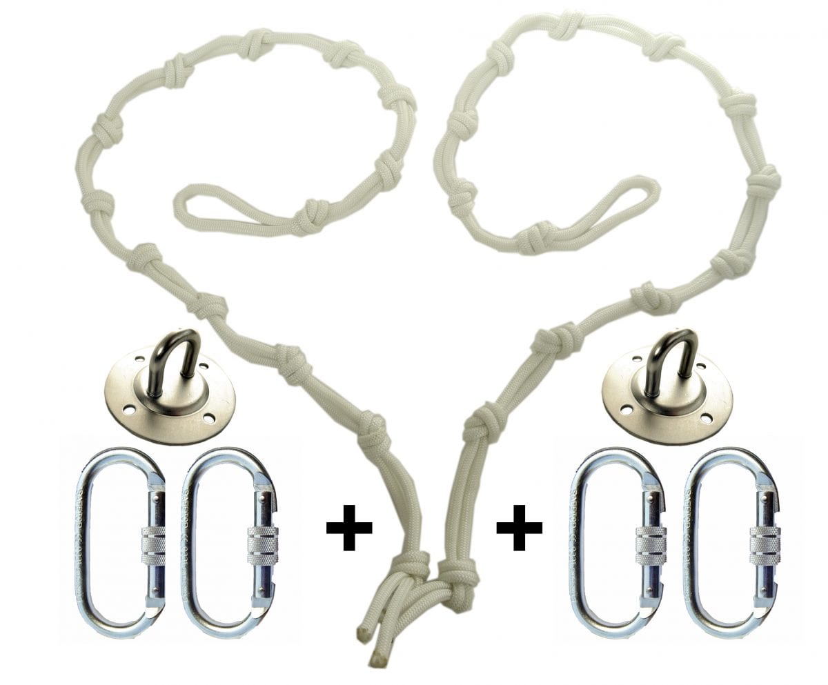 white hight regulators or daisy chain with 4 climbing carabiners and ceiling hooks for yoga hammocks