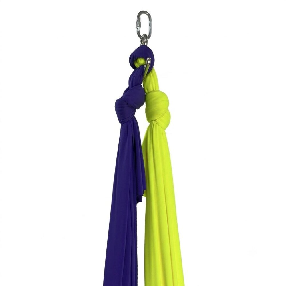 erial silk kit with figure-8 descender, carabiners, and customizable dual-color aerial fabrics detail