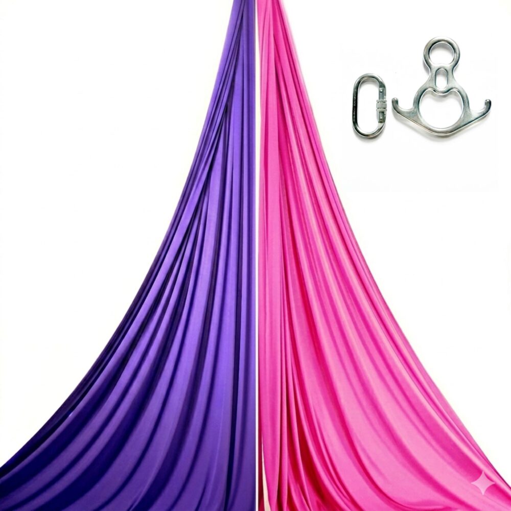 Kit de acrobacia aérea con ocho con cuernos, mosquetones y telas aéreas personalizables en dos colores.