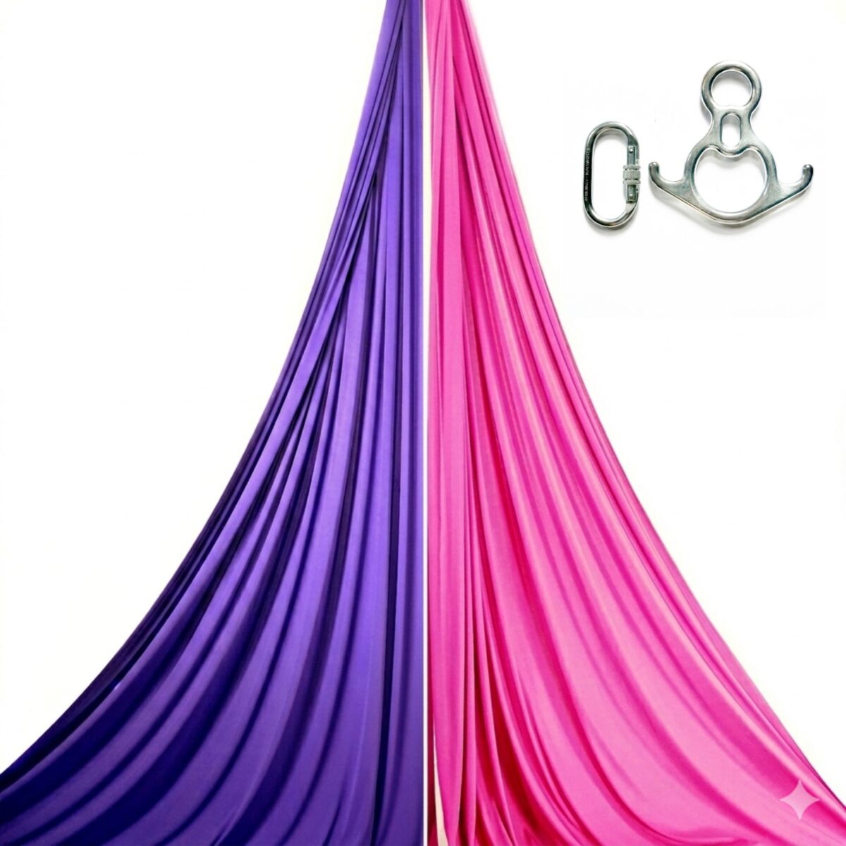Kit de acrobacia aérea con ocho con cuernos, mosquetones y telas aéreas personalizables en dos colores.