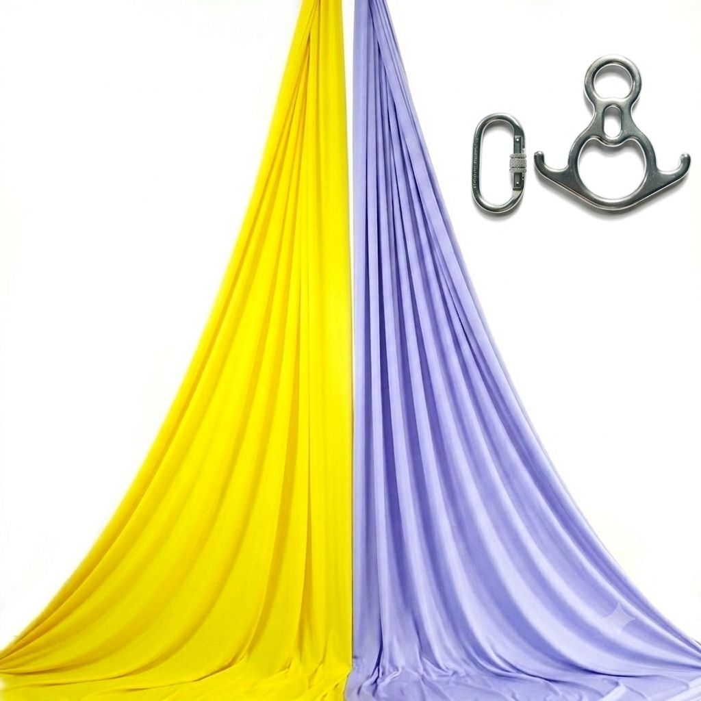 Kit de tissu aérien avec huit descendeur, mousquetons et tissus aériens bicolores personnalisables.
