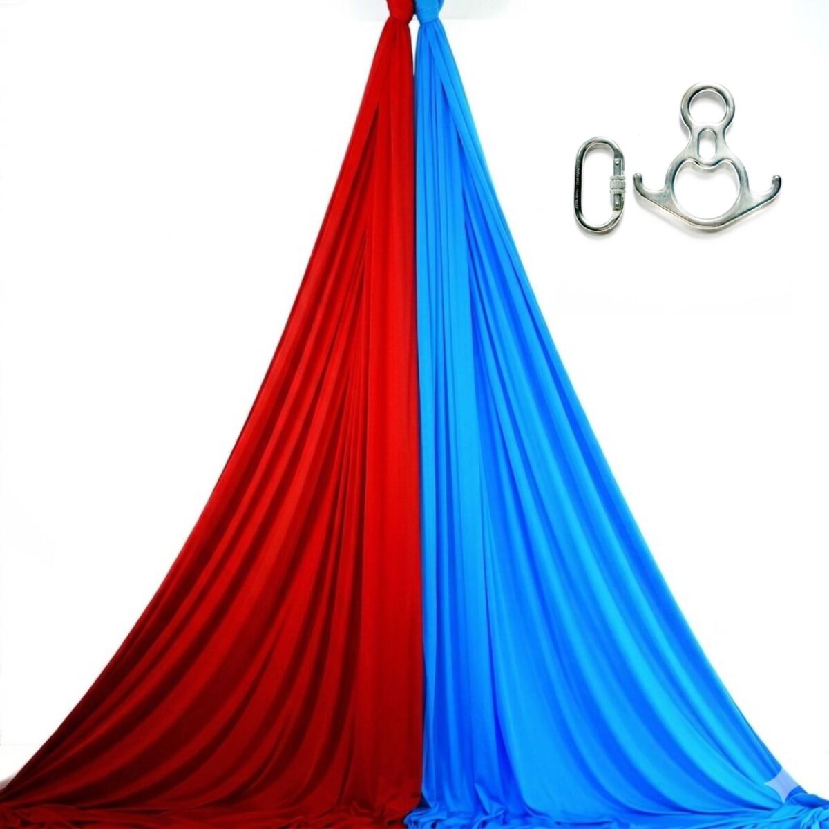 aerial silk kit with figure-8 descender, carabiners, and customizable dual-color aerial fabrics.